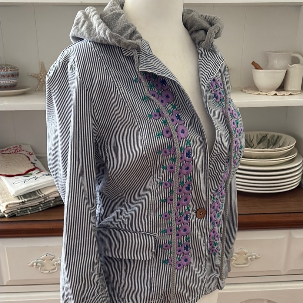Free People Striped Gray Jacket with Purple Embroidery